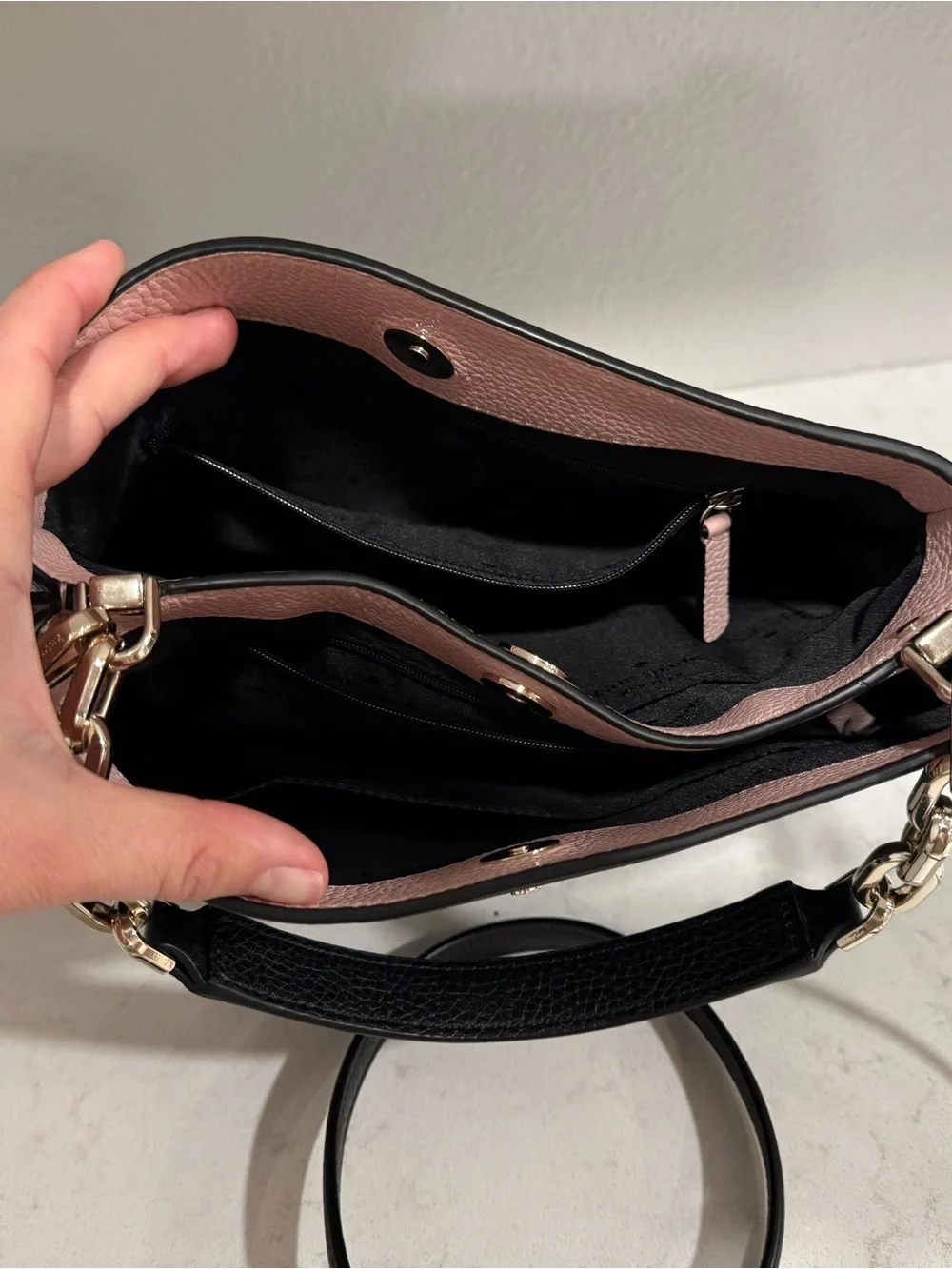 Kate Spade Aubrey Black Leather Crossbody with Pink Accent and Gold Chain